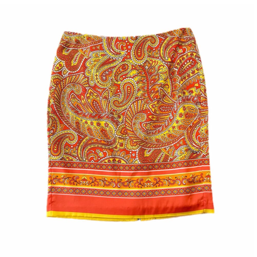 Vince Camuto Orange Yellow Bright Paisley Satin Lined Pencil Office Work Skirt